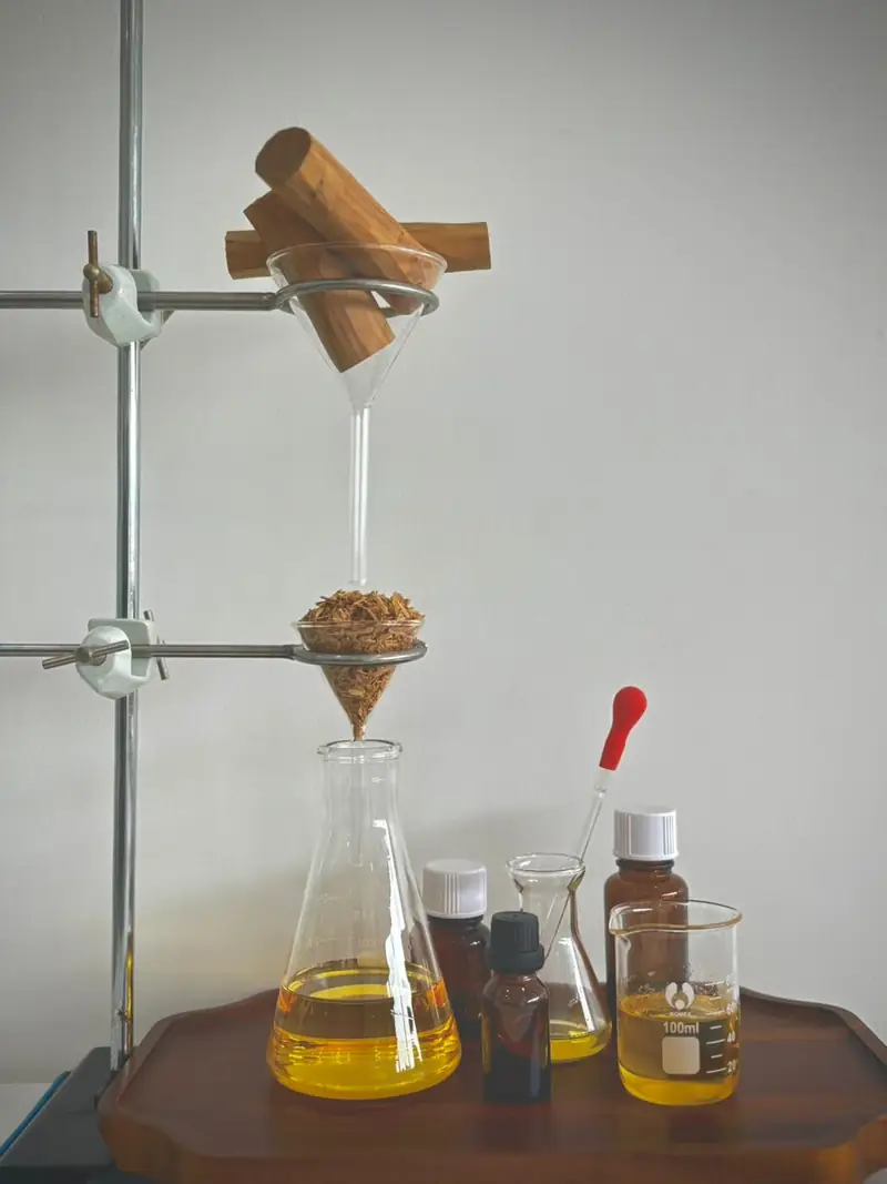 Laboratory glassware with sandalwood oil